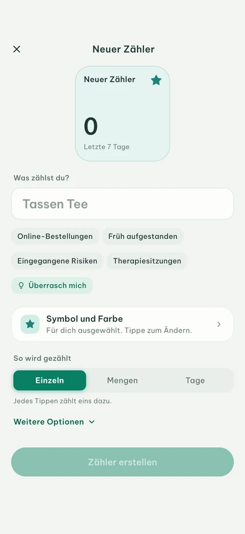 Bildschirm „Neuer Zähler“ in EveryCount mit Ideen, „Überrasch mich“, Symbol und Farbe sowie der Auswahl, wie gezählt wird
