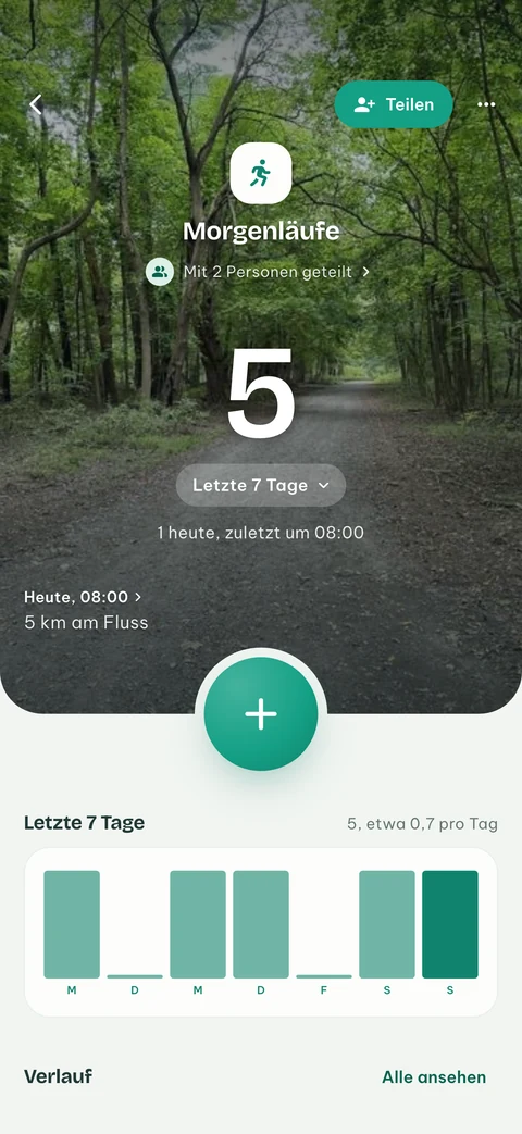 Ein EveryCount-Zähler, dessen neuestes Foto den oberen Teil des Bildschirms füllt, mit Zeitpunkt und Notiz seines Eintrags