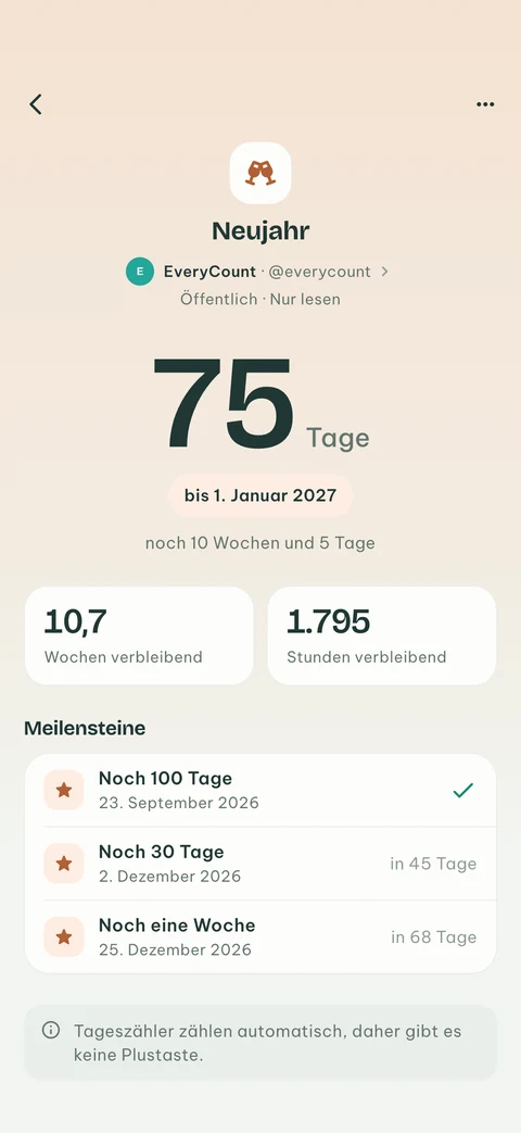 Ein öffentlicher EveryCount-Countdown bis Neujahr mit seinen nächsten Meilensteinen, von seiner Inhaberin geteilt, dem man nur zum Ansehen folgt