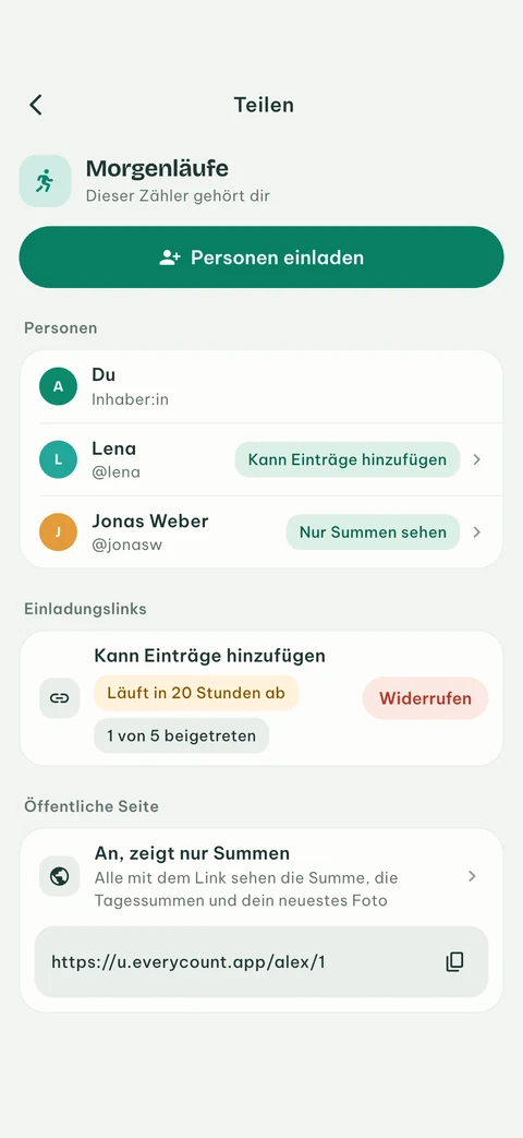 Teilen-Bildschirm in EveryCount mit Personen, die Einträge hinzufügen oder nur Summen sehen können, einem Einladungslink und der öffentlichen Seite