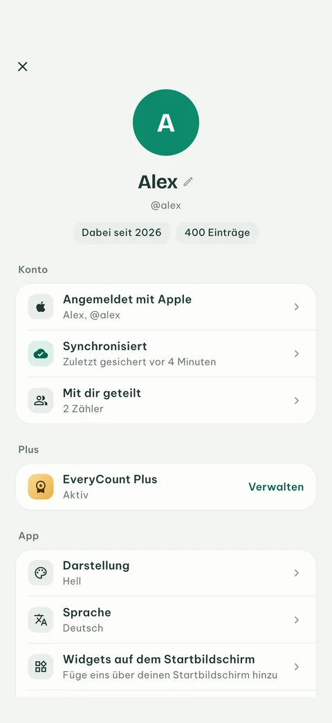 Profil-Bildschirm in EveryCount, mit Apple angemeldet und synchronisiert, dazu EveryCount Plus und die App-Einstellungen
