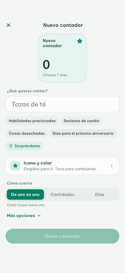 Pantalla de Nuevo contador de EveryCount con ideas, Sorpréndeme, su icono y su color, y cómo cuenta