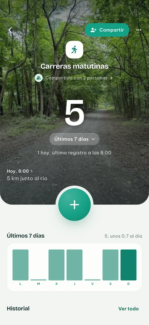 Un contador de EveryCount con su foto más reciente llenando la parte superior de la pantalla, con la hora y la nota de su registro