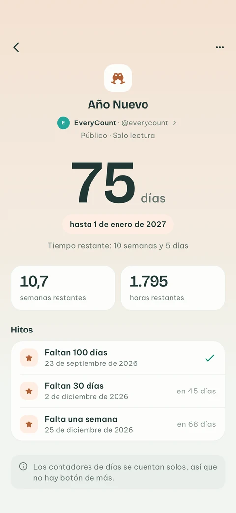 Una cuenta atrás pública de EveryCount para Año Nuevo con sus próximos hitos, compartida por su propietario y seguida en modo de solo lectura
