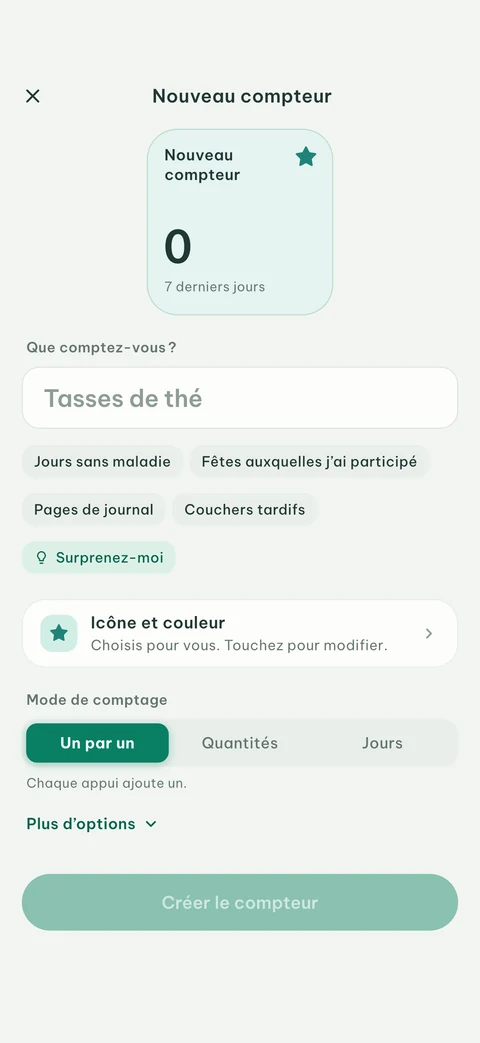 Écran Nouveau compteur d’EveryCount avec des idées, le bouton Surprenez-moi, son icône et sa couleur, et le mode de comptage