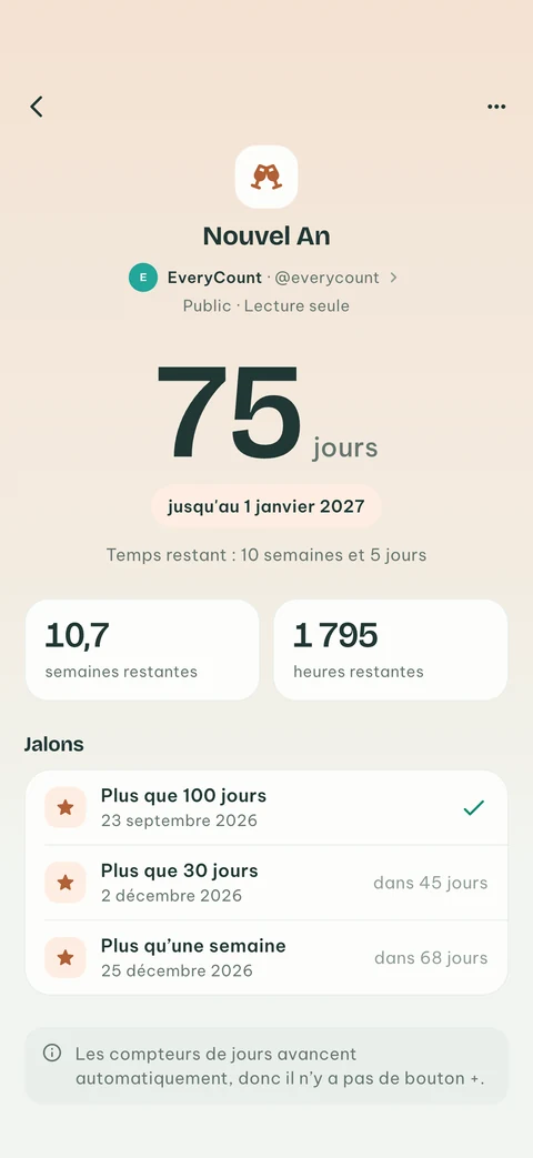 Un compte à rebours EveryCount public pour le Nouvel An, avec ses prochaines étapes, partagé par son propriétaire et suivi en lecture seule