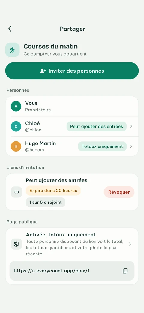 Écran de partage EveryCount avec des personnes pouvant ajouter des comptes ou voir uniquement les totaux, un lien d'invitation et la page publique