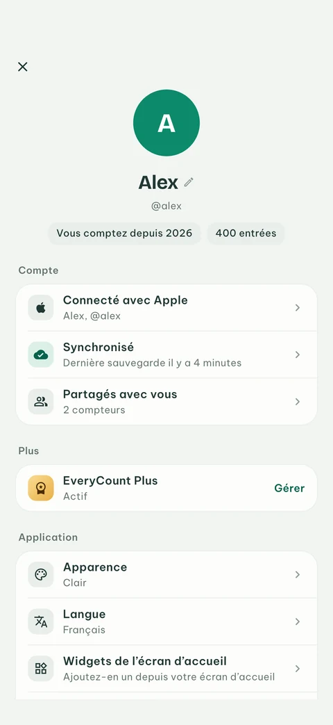 Écran Profil d’EveryCount, connecté avec Apple et synchronisé, avec EveryCount Plus et les réglages de l’application