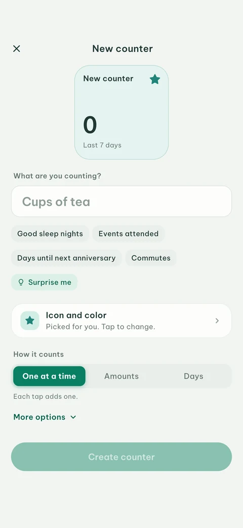 EveryCount’s New counter screen with ideas, Surprise me, its icon and color, and how it counts