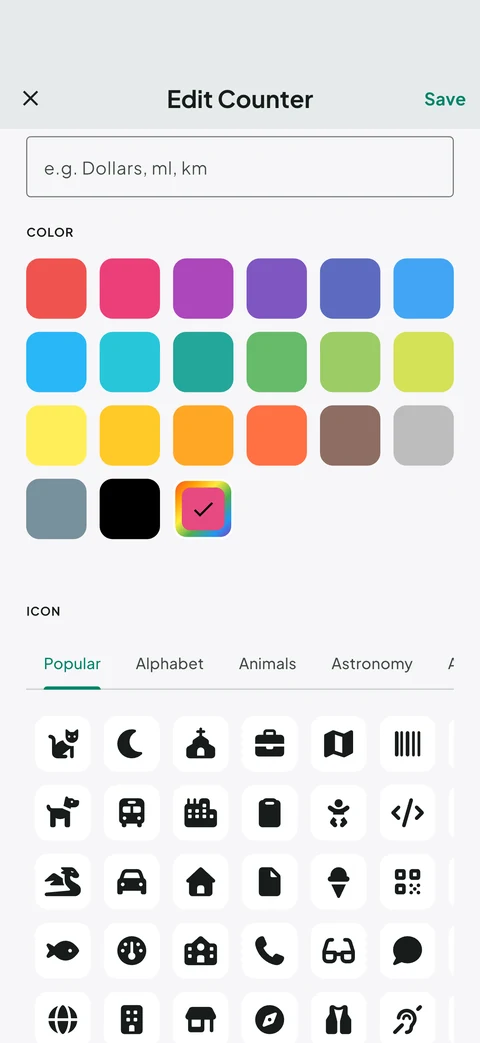 EveryCount counter editor with its color and icon choices