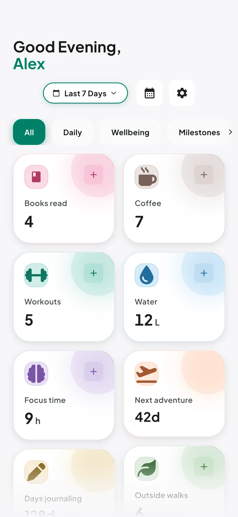 EveryCount in light mode: colorful counters for books, workouts, water, focus time and a next adventure