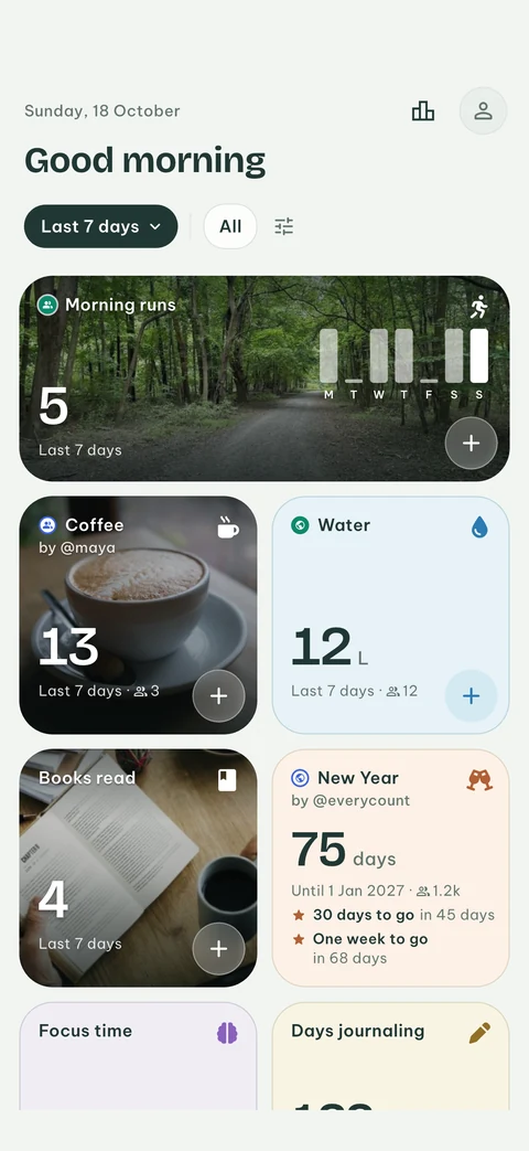 EveryCount Home with a wide tile showing the week, counters with their photos behind them, and a countdown with its next milestones