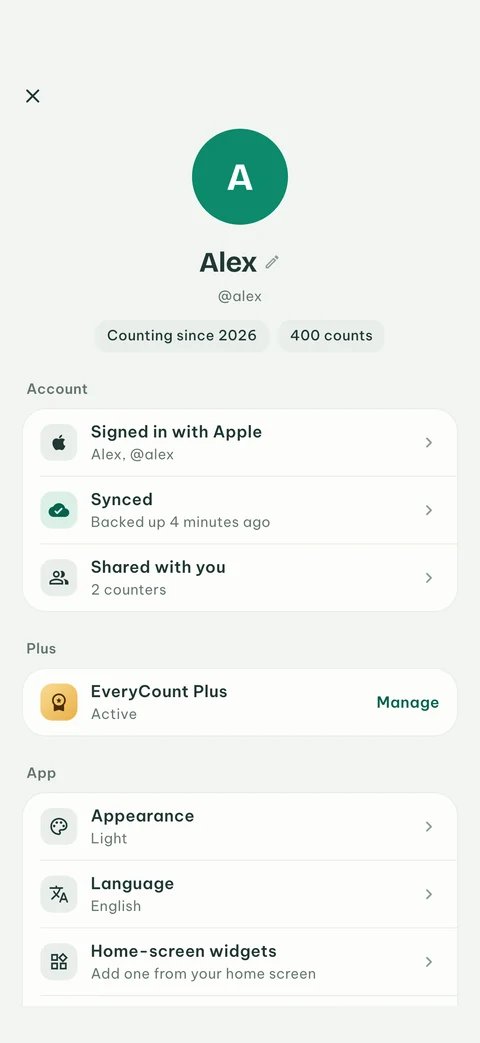 EveryCount’s You screen, signed in with Apple and synced, with EveryCount Plus and the app’s settings