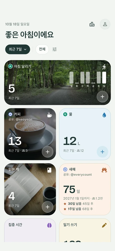 이번 주를 보여주는 와이드 타일, 사진을 배경으로 한 카운터, 다음 마일스톤이 표시된 카운트다운이 있는 EveryCount 홈