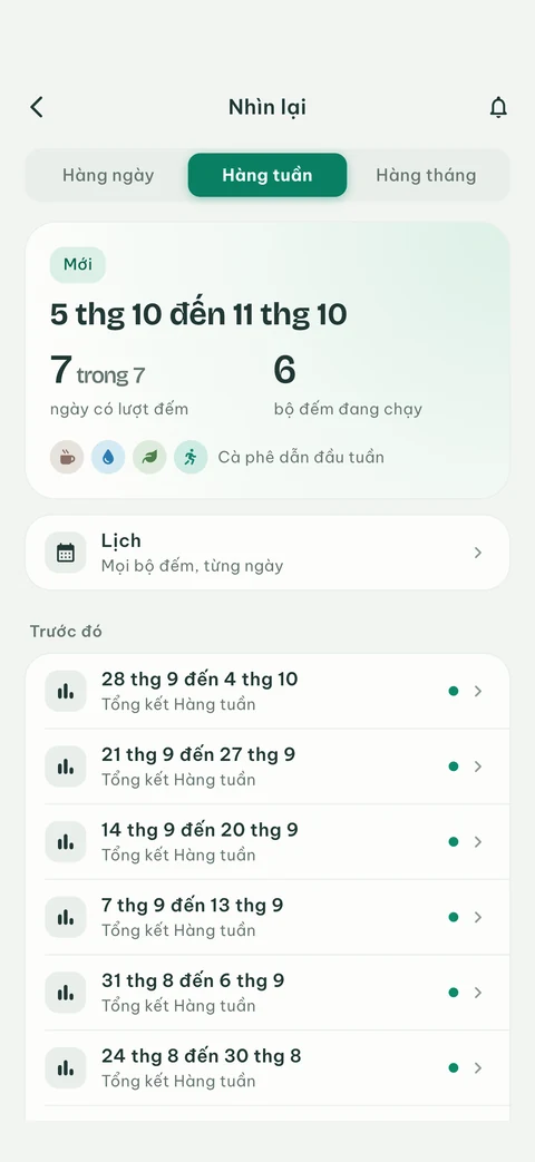 Màn hình Nhìn lại của EveryCount với tóm tắt tuần này và các tuần trước