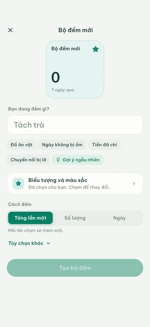 Màn hình Bộ đếm mới của EveryCount với các ý tưởng, nút Gợi ý ngẫu nhiên, biểu tượng, màu sắc và cách đếm