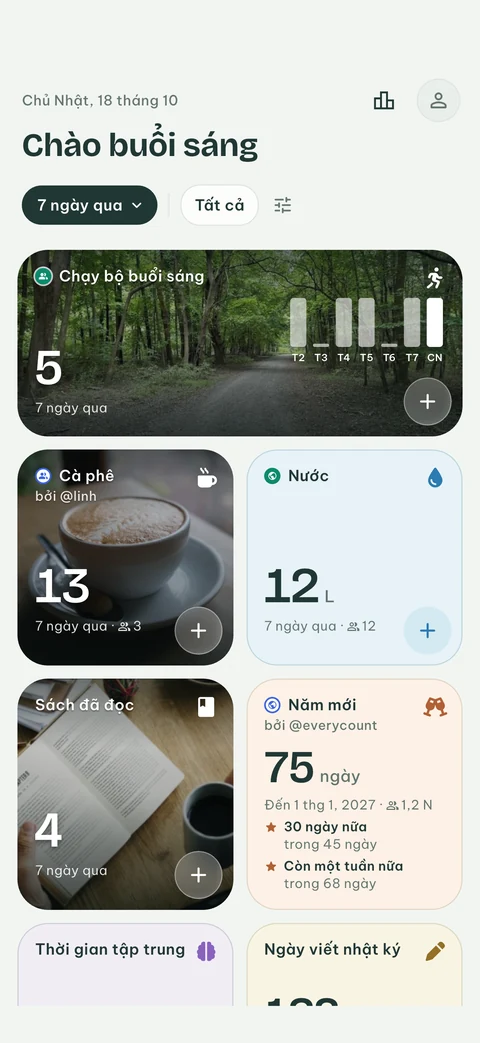 Màn hình Trang chủ của EveryCount với một ô rộng hiển thị cả tuần, các bộ đếm có ảnh làm nền và một đồng hồ đếm ngược cùng các cột mốc tiếp theo
