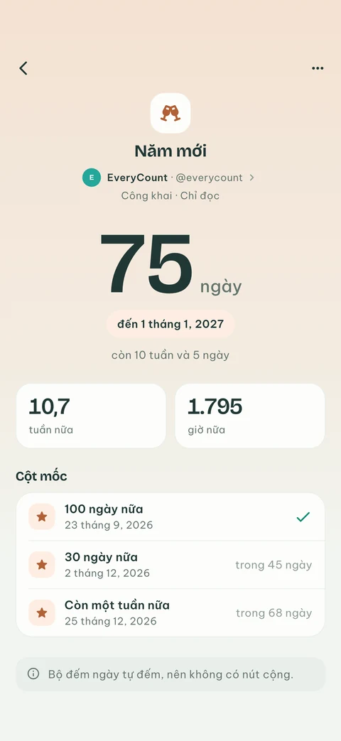 Một đồng hồ đếm ngược EveryCount công khai đến Năm mới cùng các cột mốc tiếp theo, được chủ sở hữu chia sẻ và theo dõi ở chế độ chỉ đọc