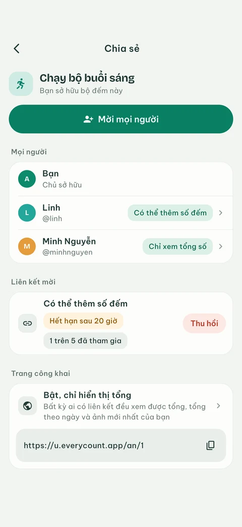 Màn hình chia sẻ của EveryCount với những người có thể thêm lượt đếm hoặc chỉ xem tổng số, một liên kết mời và trang công khai
