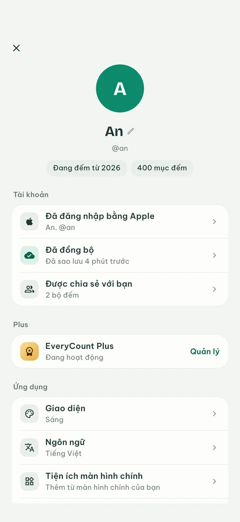 Màn hình Bạn của EveryCount, đã đăng nhập bằng Apple và đã đồng bộ, với EveryCount Plus và phần cài đặt ứng dụng