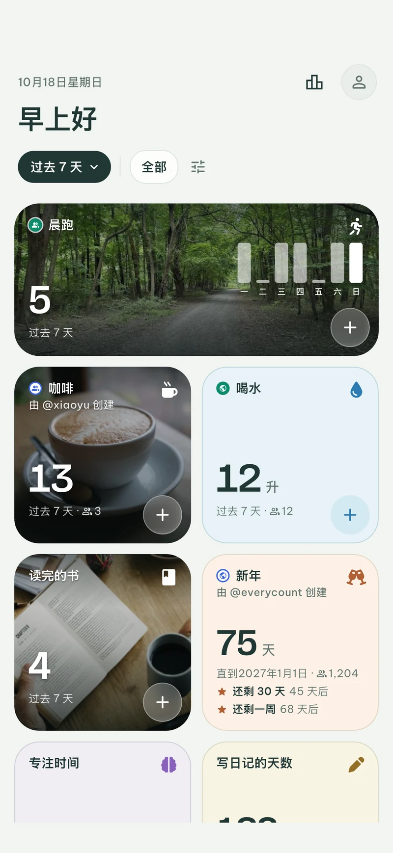 浅色模式的 EveryCount：展示晨跑、咖啡、喝水、读书和新年倒计时等多彩计数器，晨跑、咖啡和读书以照片为背景