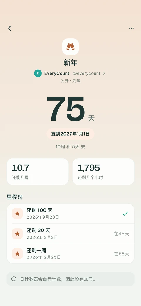 公开的 EveryCount 新年倒计时，显示接下来的里程碑；由所有者分享，以只读方式关注